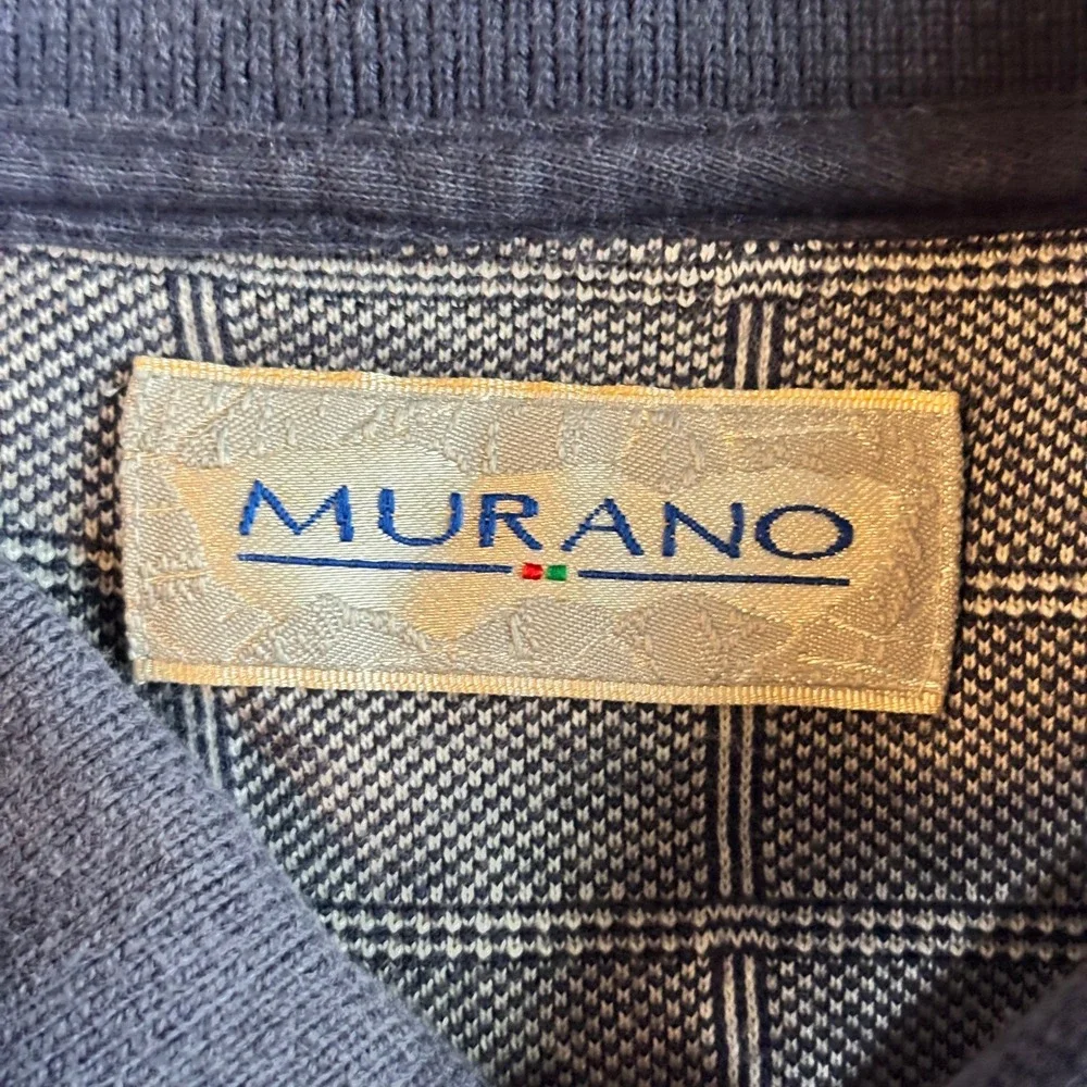 Murano Mens XL Long Sleeve Polo Rugby Shirt Navy Blue Grid Windowpane 100 Cotton